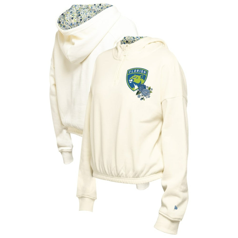NHL Florida Panthers New Era Women's Glam Game Quarter-Zip Cropped Floral Hoodie Pullover - Cream