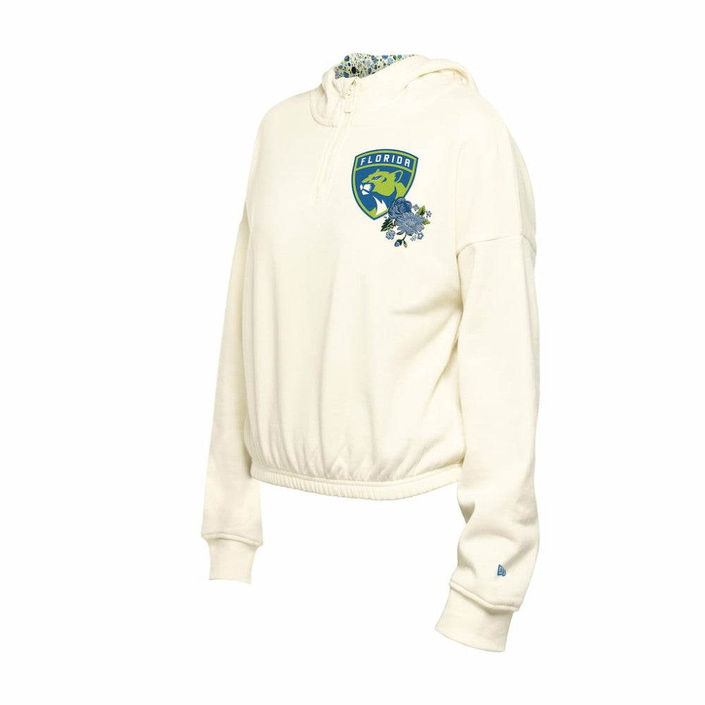 NHL Florida Panthers New Era Women's Glam Game Quarter-Zip Cropped Floral Hoodie Pullover - Cream