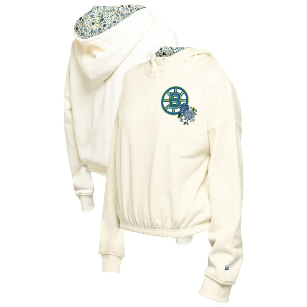 NHL Boston Bruins New Era Women's Glam Game Quarter-Zip Cropped Floral Hoodie Pullover - Cream
