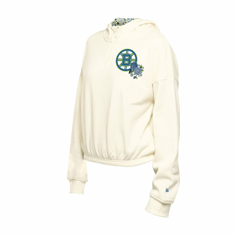 NHL Boston Bruins New Era Women's Glam Game Quarter-Zip Cropped Floral Hoodie Pullover - Cream