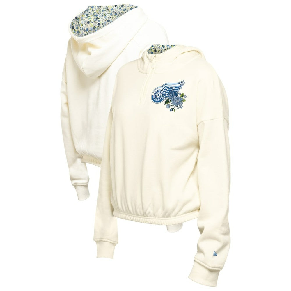NHL Detroit Red Wings New Era Women's Glam Game Quarter-Zip Cropped Floral Hoodie Pullover - Cream