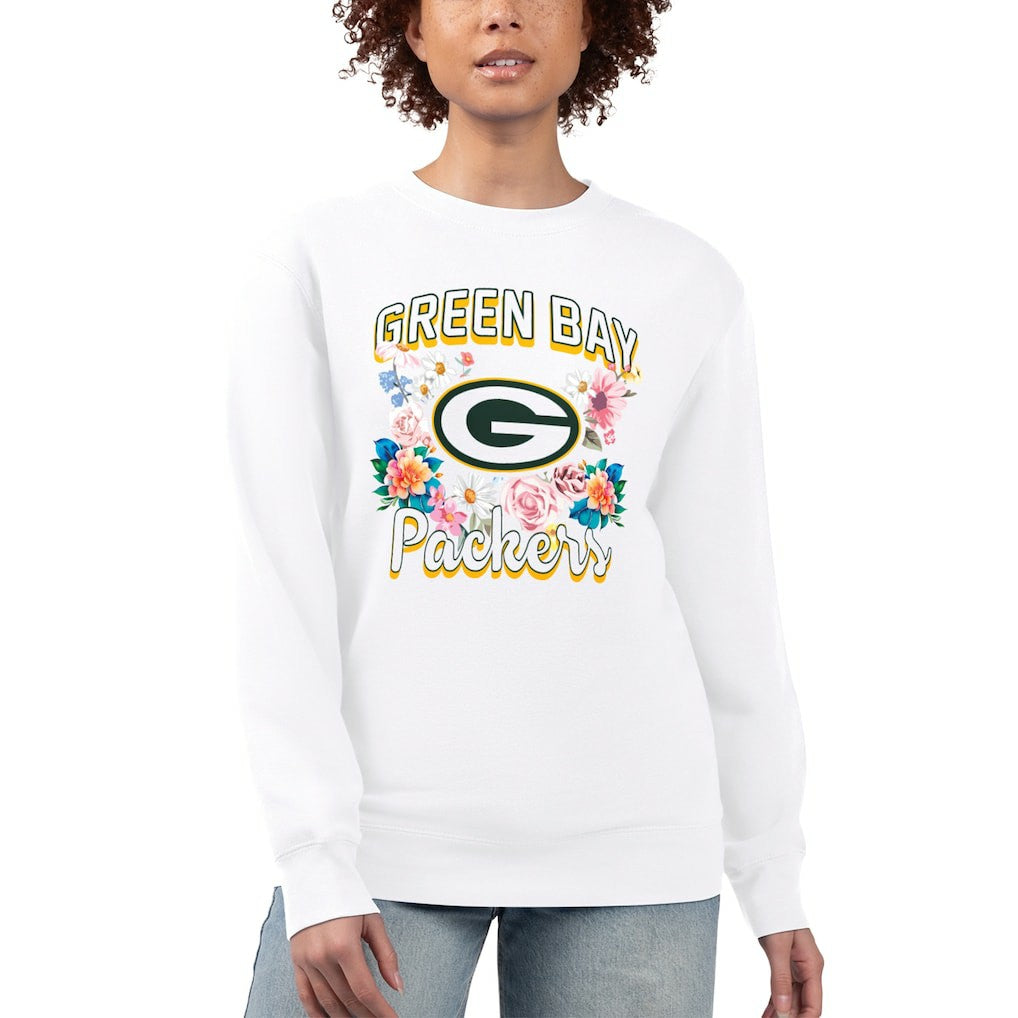 Green Bay Packers G-III 4Her by Carl Banks Women's Flower Logo Graphic Fleece Pullover Sweatshirt White