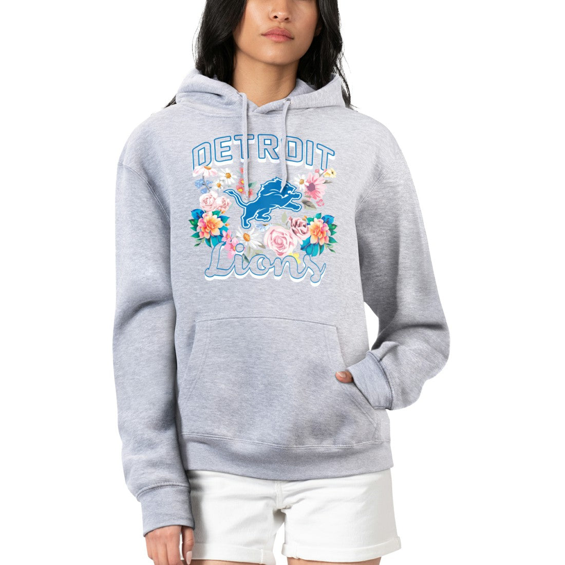 Detroit Lions G-III 4Her by Carl Banks Women's Flowers Team Logo Graphic Fleece Pullover Hoodie Heather Gray