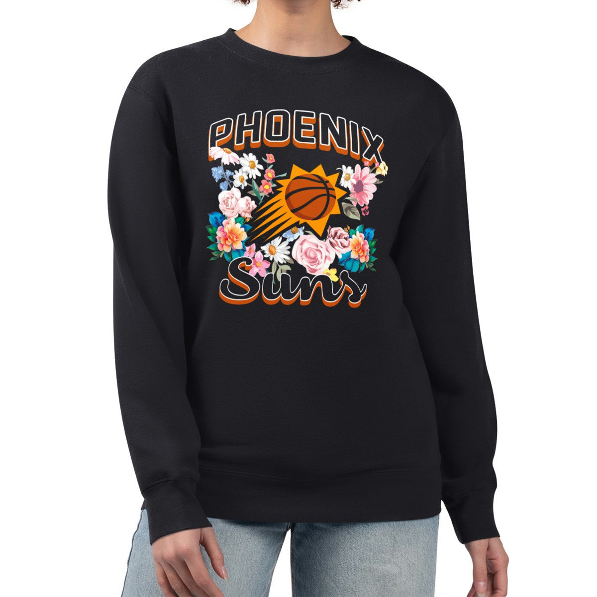 Phoenix Suns G-III 4Her by Carl Banks Women's Flowers Team Logo Graphic Fleece Crewneck Pullover Sweatshirt Black