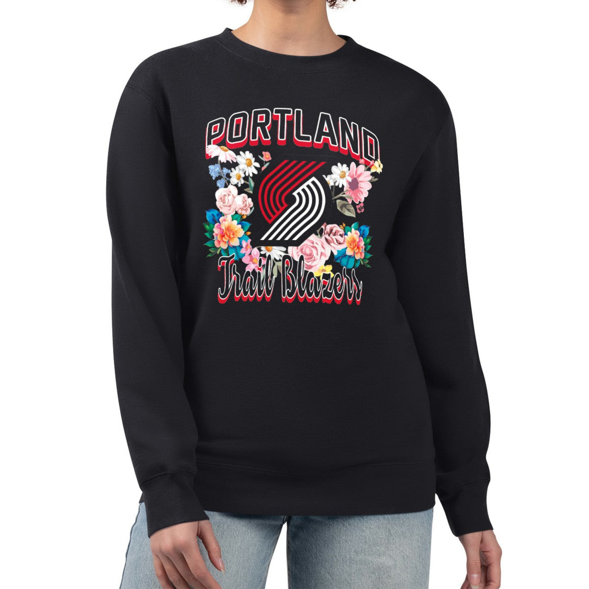 Portland Trail Blazers G-III 4Her by Carl Banks Women's Flowers Team Logo Graphic Fleece Crewneck Pullover Sweatshirt Black