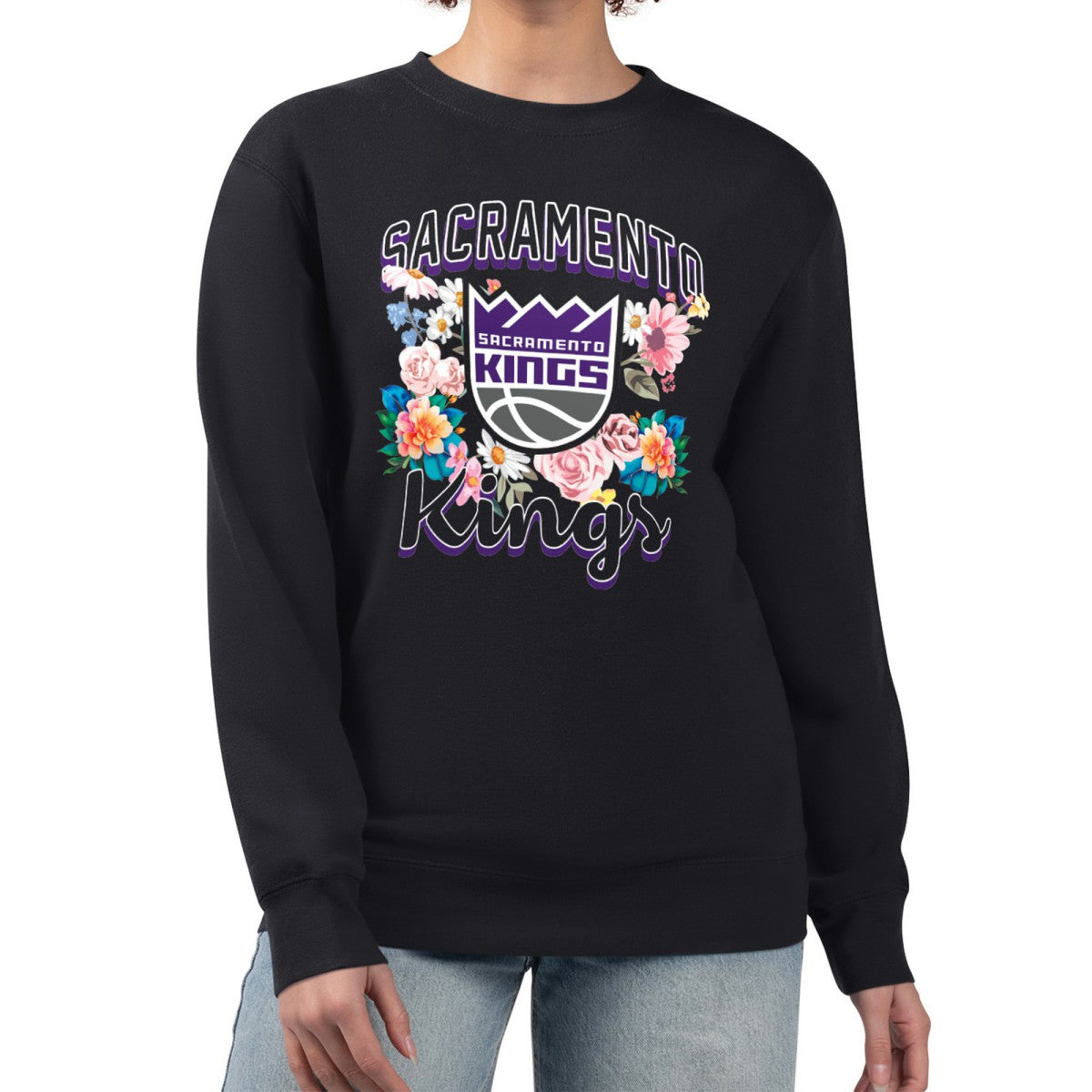 Sacramento Kings G-III 4Her by Carl Banks Women's Flowers Team Logo Graphic Fleece Crewneck Pullover Sweatshirt Black