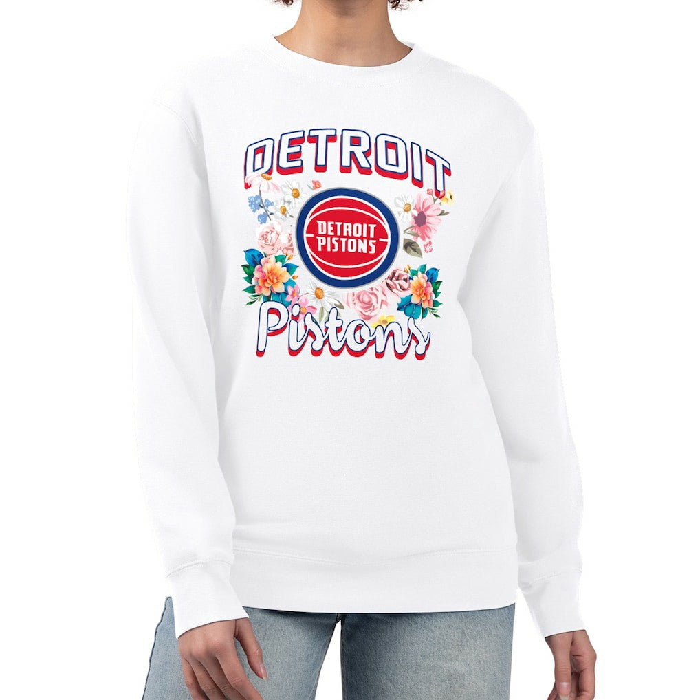Detroit Pistons G-III 4Her by Carl Banks Women's Flowers Team Logo Graphic Fleece Crewneck Pullover Sweatshirt White