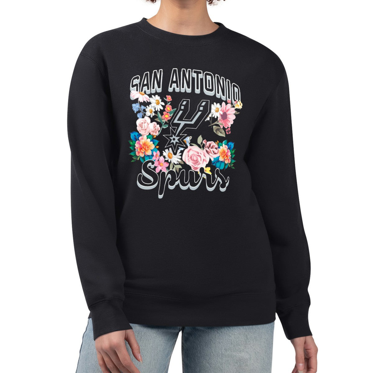 San Antonio Spurs G-III 4Her by Carl Banks Women's Flowers Team Logo Graphic Fleece Crewneck Pullover Sweatshirt Black
