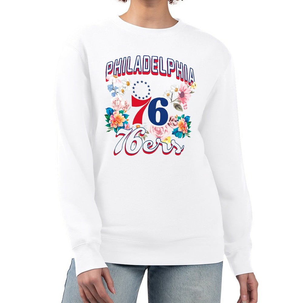 Philadelphia 76ers G-III 4Her by Carl Banks Women's Flowers Team Logo Graphic Fleece Crewneck Pullover Sweatshirt White