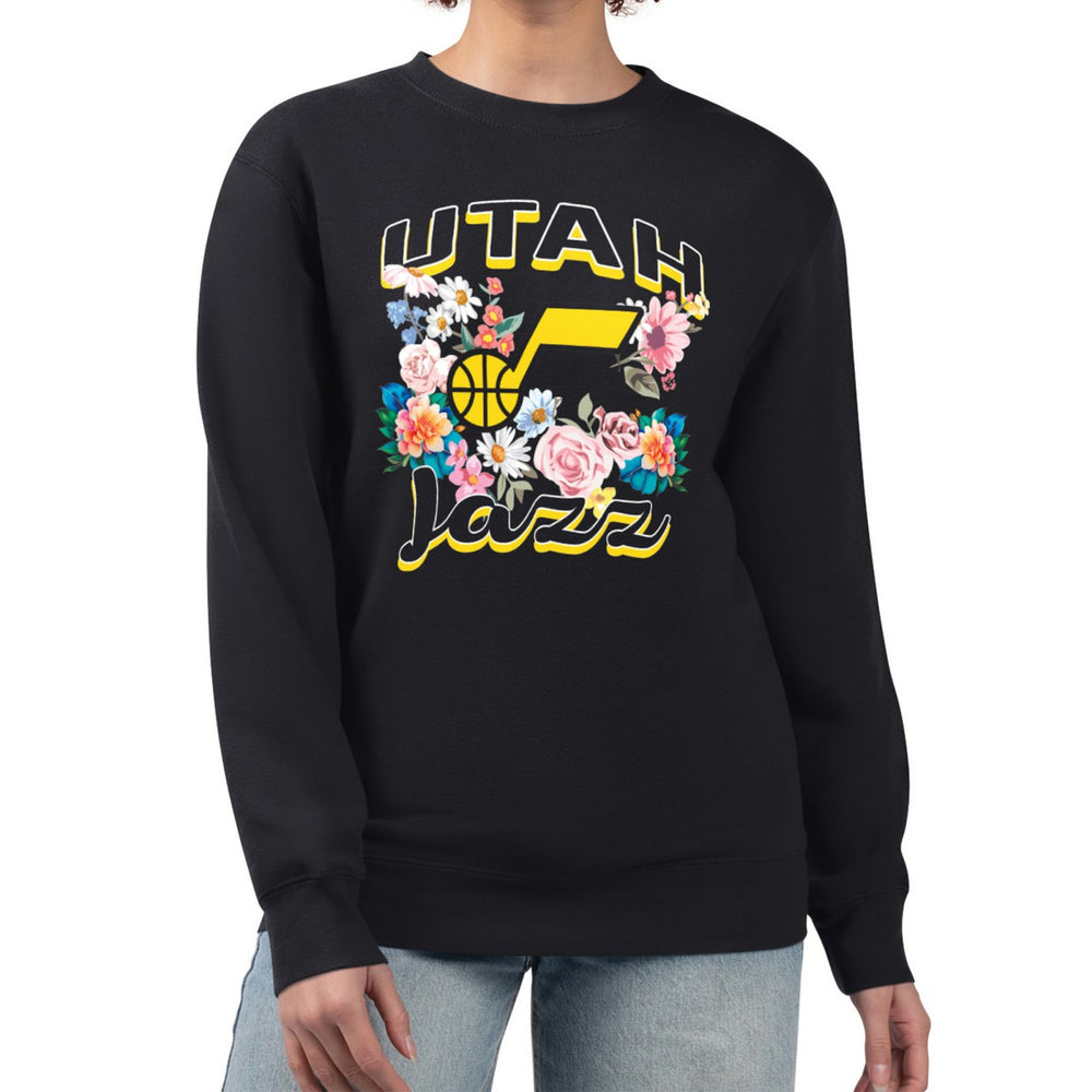 Utah Jazz G-III 4Her by Carl Banks Women's Flowers Team Logo Graphic Fleece Crewneck Pullover Sweatshirt Black