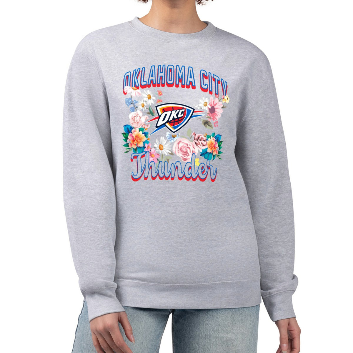Oklahoma City Thunder G-III 4Her by Carl Banks Women's Flowers Team Logo Graphic Fleece Crewneck Pullover Sweatshirt Heather Gray