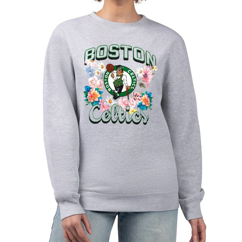 Boston Celtics G-III 4Her by Carl Banks Women's Flowers Team Logo Graphic Fleece Crewneck Pullover Sweatshirt Heather Gray