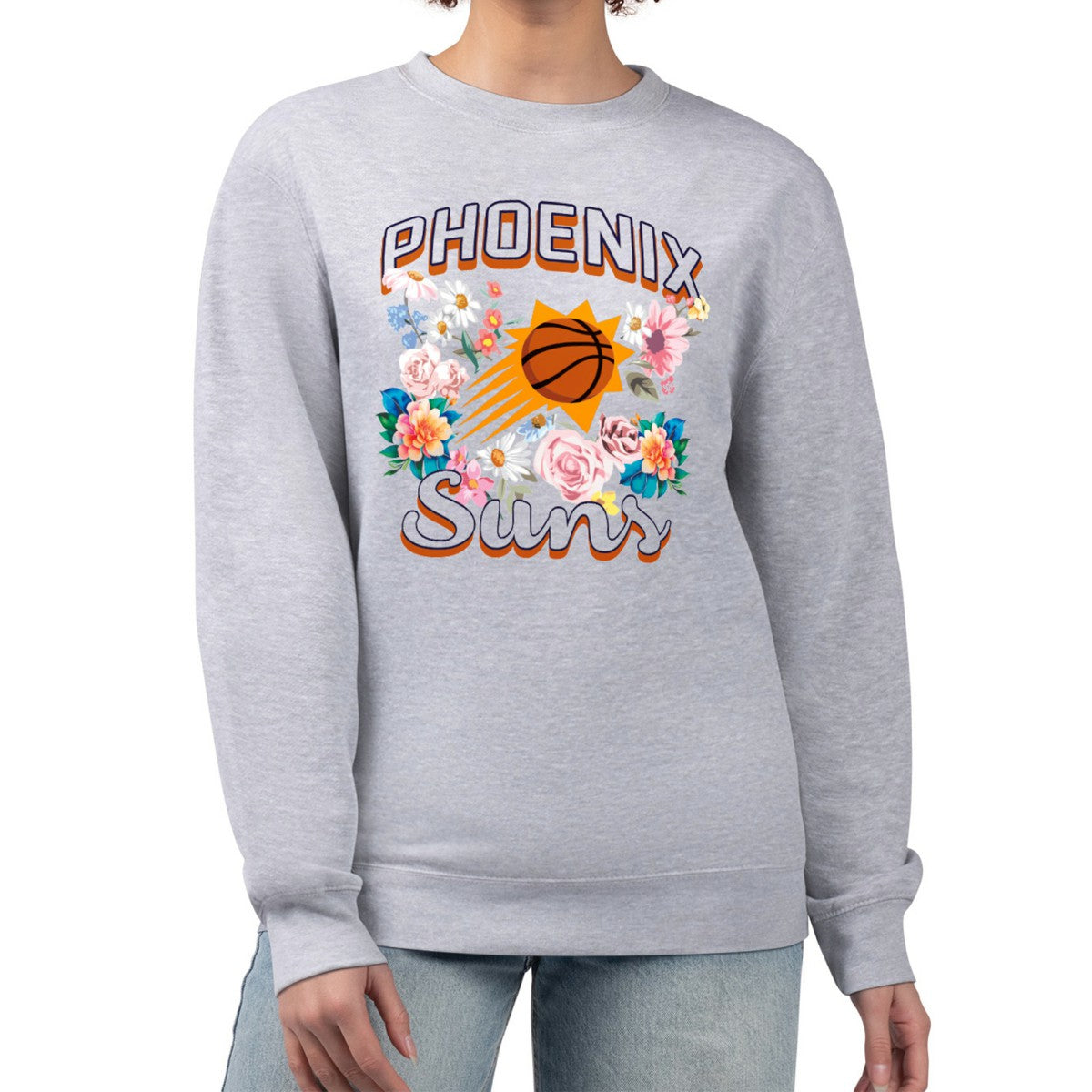 Phoenix Suns G-III 4Her by Carl Banks Women's Flowers Team Logo Graphic Fleece Crewneck Pullover Sweatshirt Heather Gray
