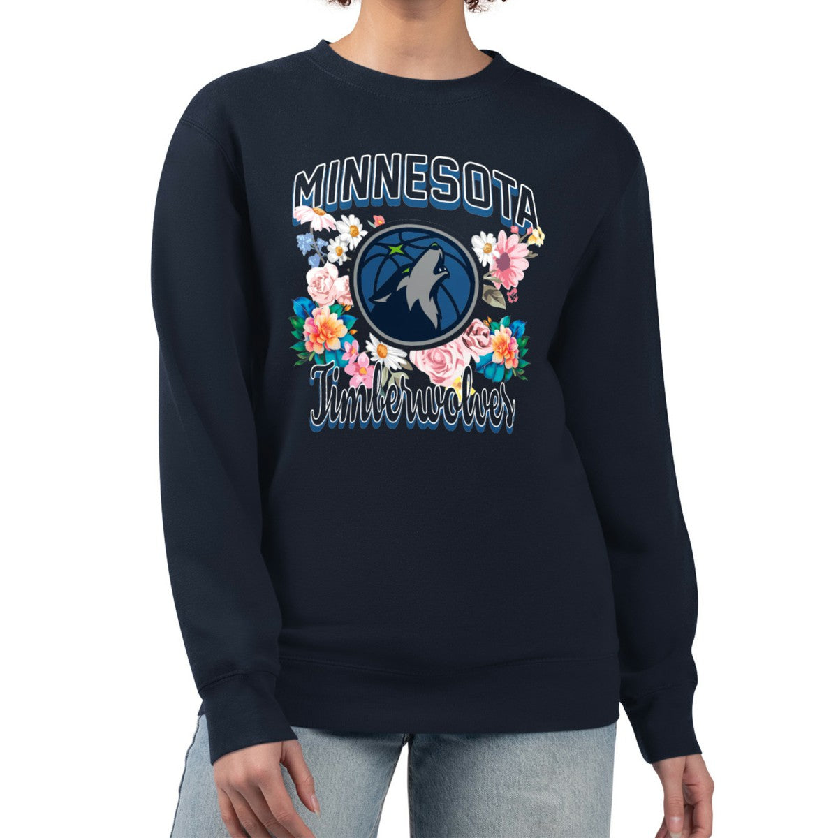 Minnesota Timberwolves G-III 4Her by Carl Banks Women's Flowers Team Logo Graphic Fleece Crewneck Pullover Sweatshirt Navy