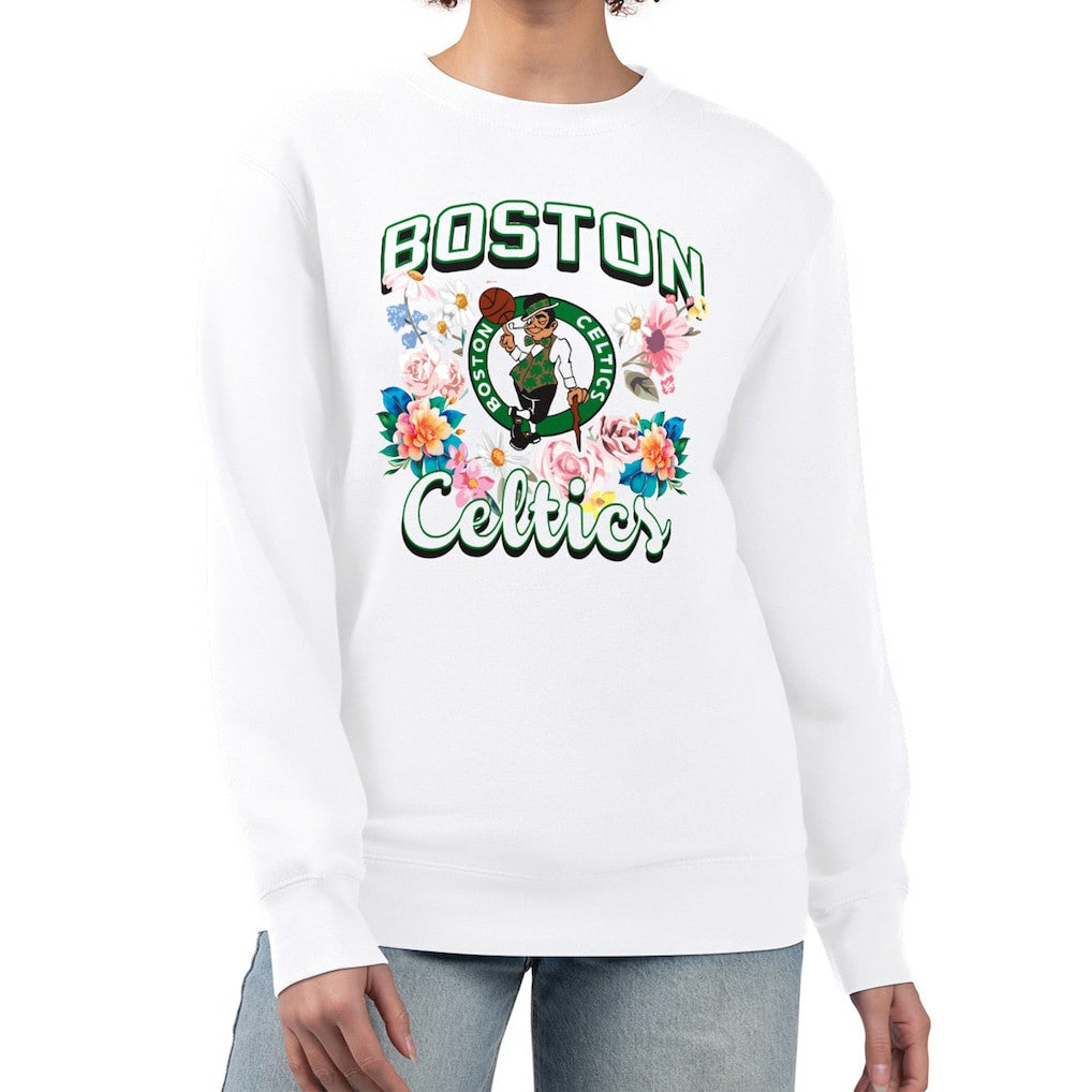 Boston Celtics G-III 4Her by Carl Banks Women's Flowers Team Logo Graphic Fleece Crewneck Pullover Sweatshirt White