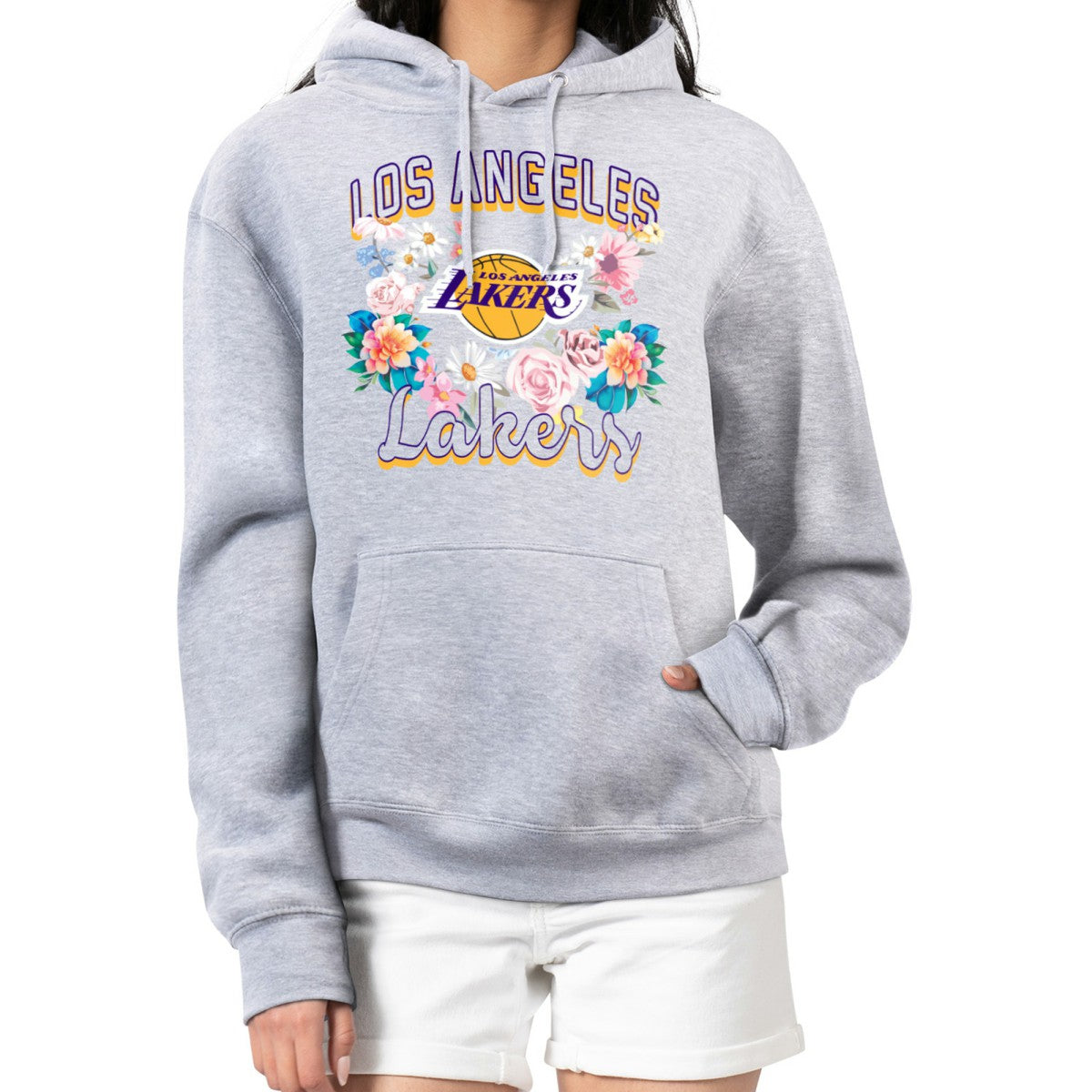 Los Angeles Lakers G-III 4Her by Carl Banks Women's Flowers Team Logo Graphic Fleece Pullover Hoodie Heather Gray