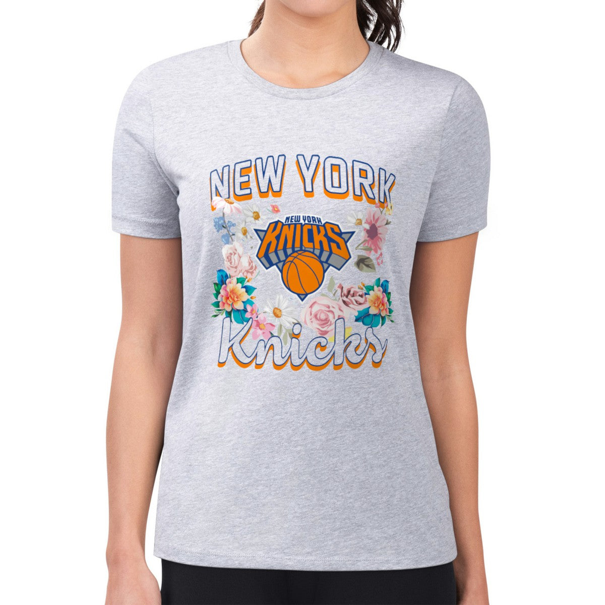 New York Knicks G-III 4Her by Carl Banks Women's Super-Slim Fit Lightweight Flowers Team Logo Graphic T-Shirt Heather Gray