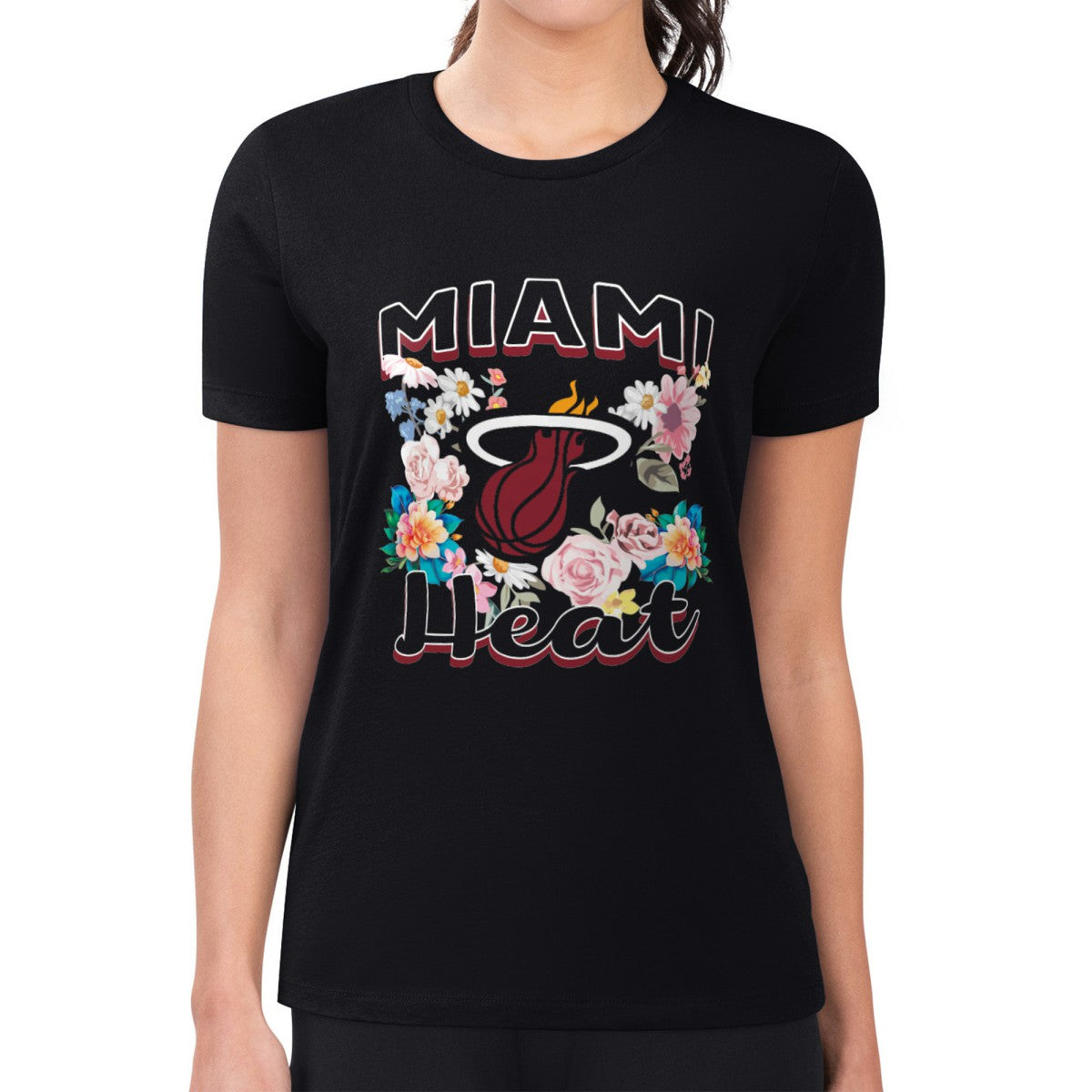 Miami Heat G-III 4Her by Carl Banks Women's Super-Slim Fit Lightweight Flowers Team Logo Graphic T-Shirt Black