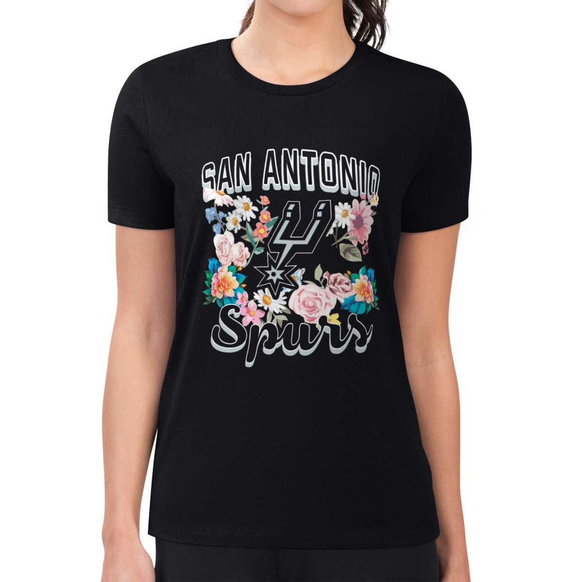 San Antonio Spurs G-III 4Her by Carl Banks Women's Super-Slim Fit Lightweight Flowers Team Logo Graphic T-Shirt Black