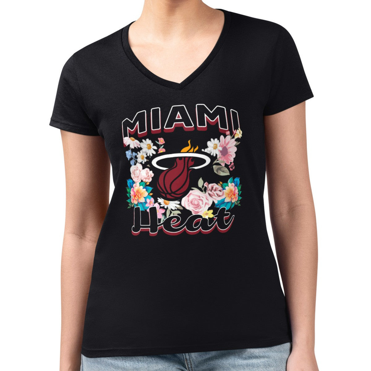 Miami Heat G-III 4Her by Carl Banks Women's Super-Slim Fit Lightweight Flowers Team Logo Graphic V-Neck T-Shirt Black