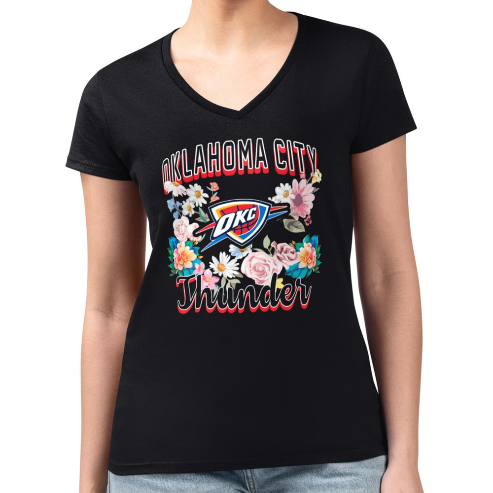 Oklahoma City Thunder G-III 4Her by Carl Banks Women's Super-Slim Fit Lightweight Flowers Team Logo Graphic V-Neck T-Shirt Black