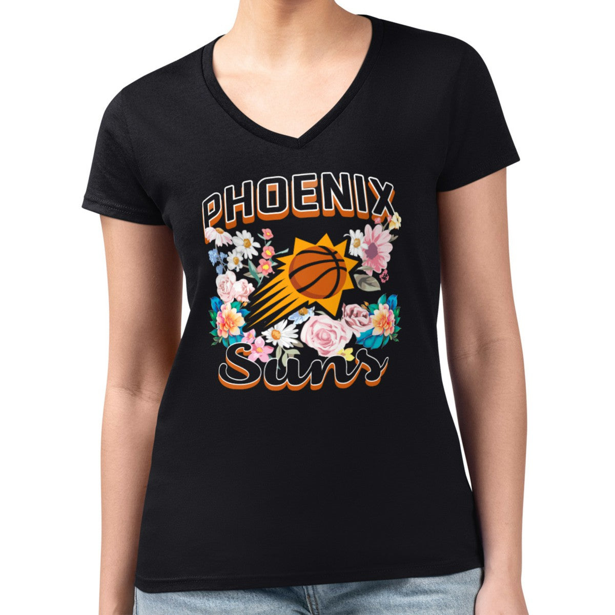 Phoenix Suns G-III 4Her by Carl Banks Women's Super-Slim Fit Lightweight Flowers Team Logo Graphic V-Neck T-Shirt Black