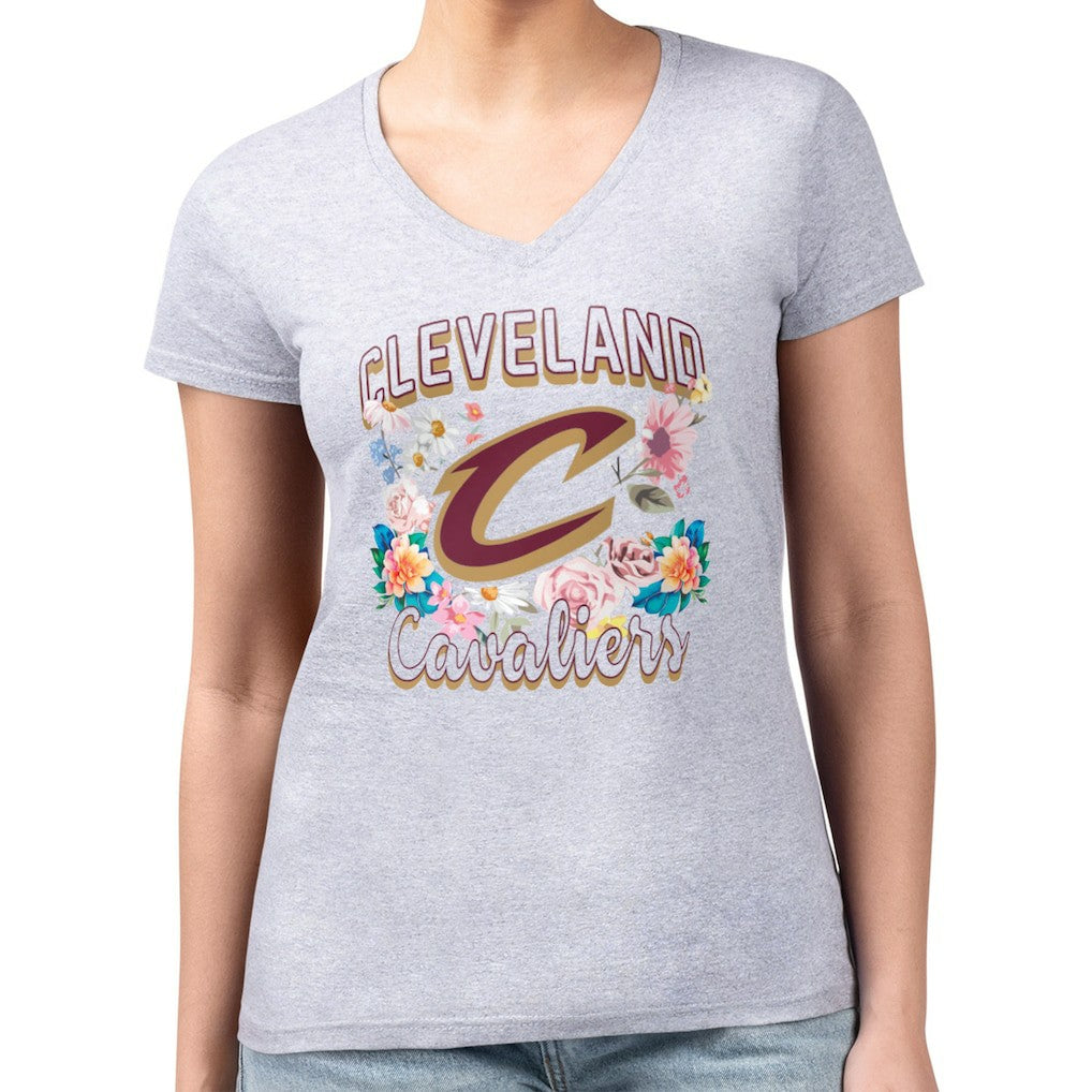 Cleveland Cavaliers G-III 4Her by Carl Banks Women's Super-Slim Fit Lightweight Flowers Team Logo Graphic V-Neck T-Shirt Heather Gray