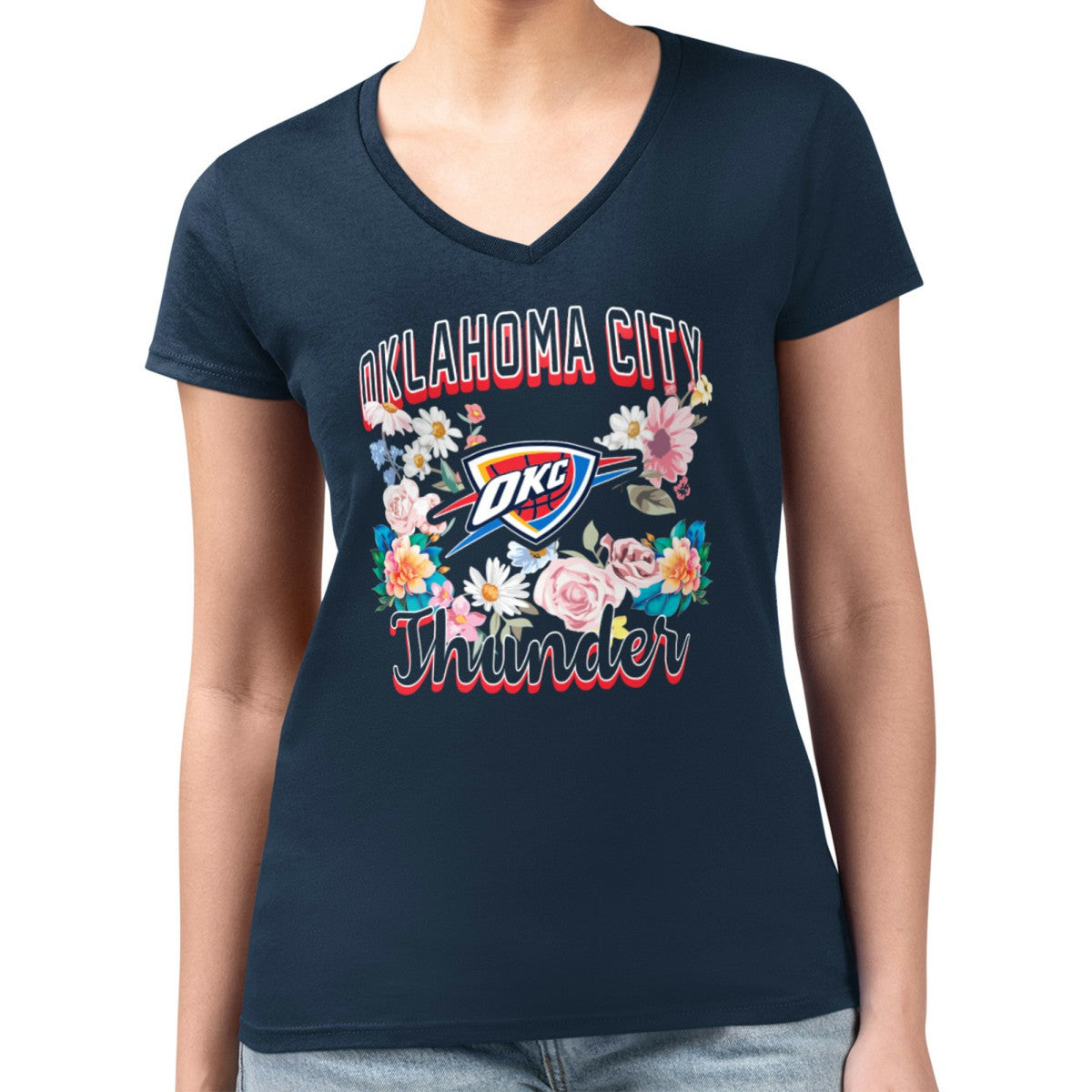 Oklahoma City Thunder G-III 4Her by Carl Banks Women's Super-Slim Fit Lightweight Flowers Team Logo Graphic V-Neck T-Shirt Navy