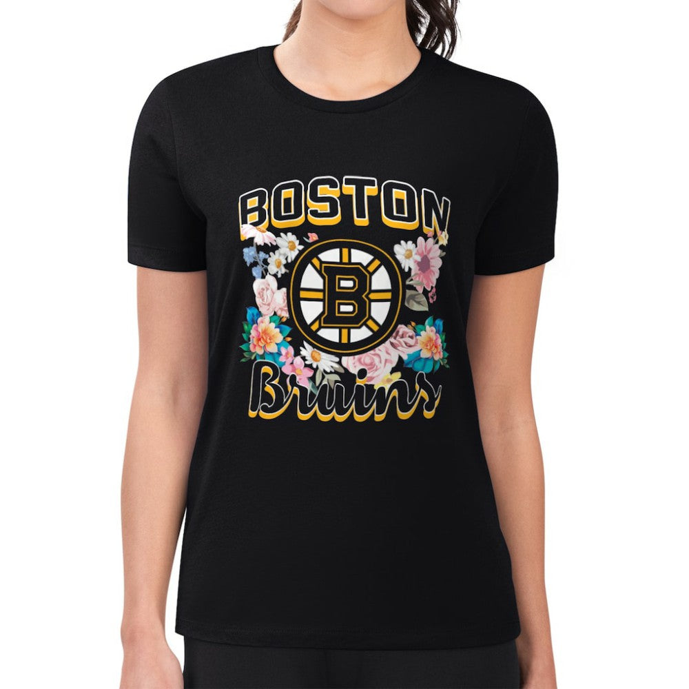 NHL Boston Bruins G-III 4Her by Carl Banks Women's Super-Slim Fit Lightweight Flower Logo T-Shirt - Black