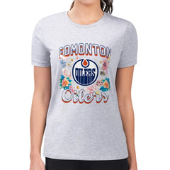 NHL Edmonton Oilers G-III 4Her by Carl Banks Women's Super-Slim Fit Lightweight Flower Logo T-Shirt - Heather Gray