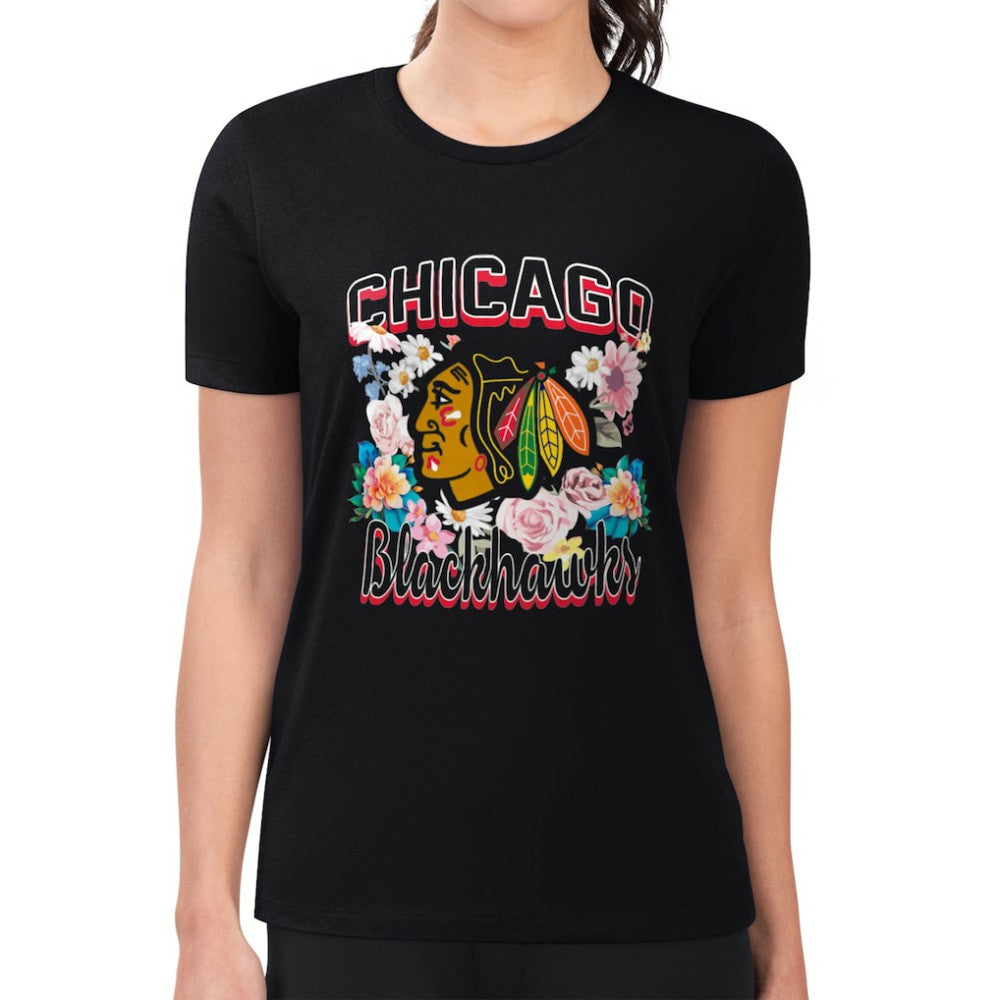 NHL Chicago Blackhawks G-III 4Her by Carl Banks Women's Super-Slim Fit Lightweight Flower Logo T-Shirt - Black