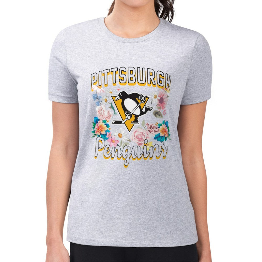 NHL Pittsburgh Penguins G-III 4Her by Carl Banks Women's Super-Slim Fit Lightweight Flower Logo T-Shirt - Heather Gray