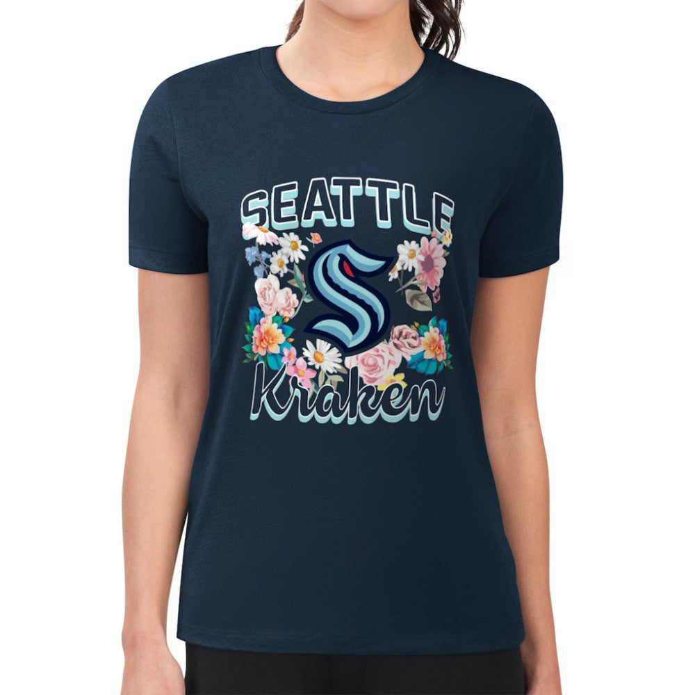 NHL Seattle Kraken G-III 4Her by Carl Banks Women's Super-Slim Fit Lightweight Flower Logo T-Shirt - Navy