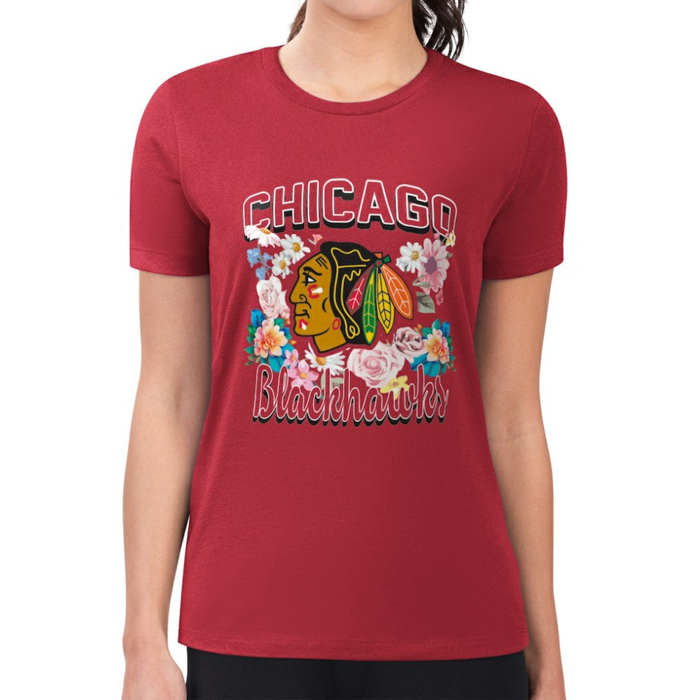 NHL Chicago Blackhawks G-III 4Her by Carl Banks Women's Super-Slim Fit Lightweight Flower Logo T-Shirt - Red