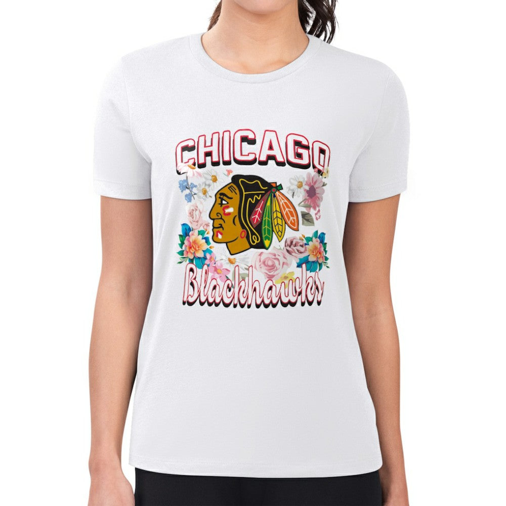 NHL Chicago Blackhawks G-III 4Her by Carl Banks Women's Super-Slim Fit Lightweight Flower Logo T-Shirt - White