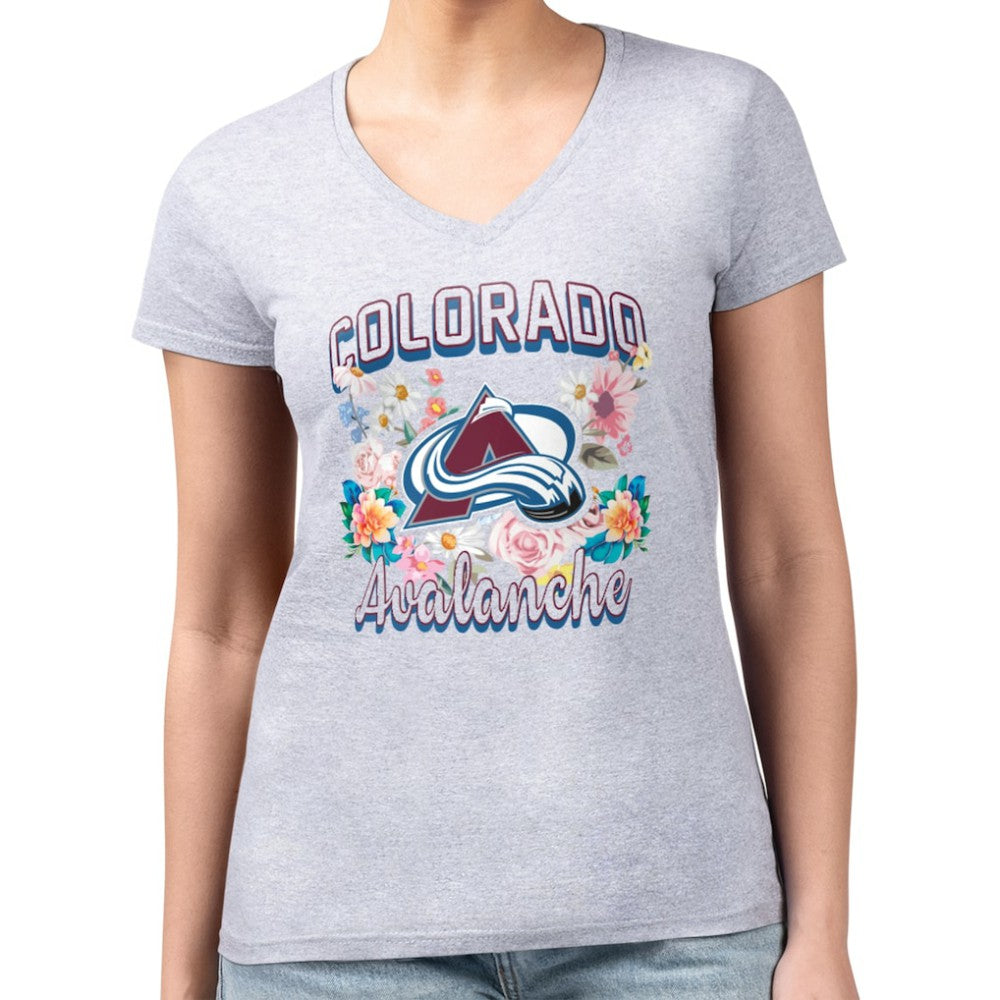 NHL Colorado Avalanche G-III 4Her by Carl Banks Women's Super-Slim Fit Lightweight Flower Logo V-Neck T-Shirt - Heather Gray