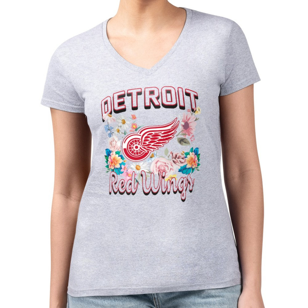 NHL Detroit Red Wings G-III 4Her by Carl Banks Women's Super-Slim Fit Lightweight Flower Logo V-Neck T-Shirt - Heather Gray