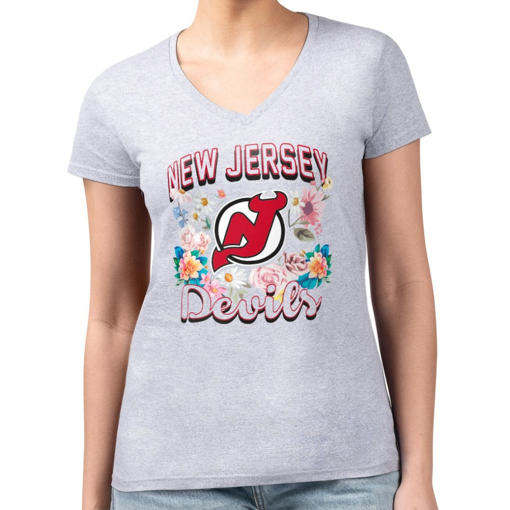 NHL New Jersey Devils G-III 4Her by Carl Banks Women's Super-Slim Fit Lightweight Flower Logo V-Neck T-Shirt - Heather Gray