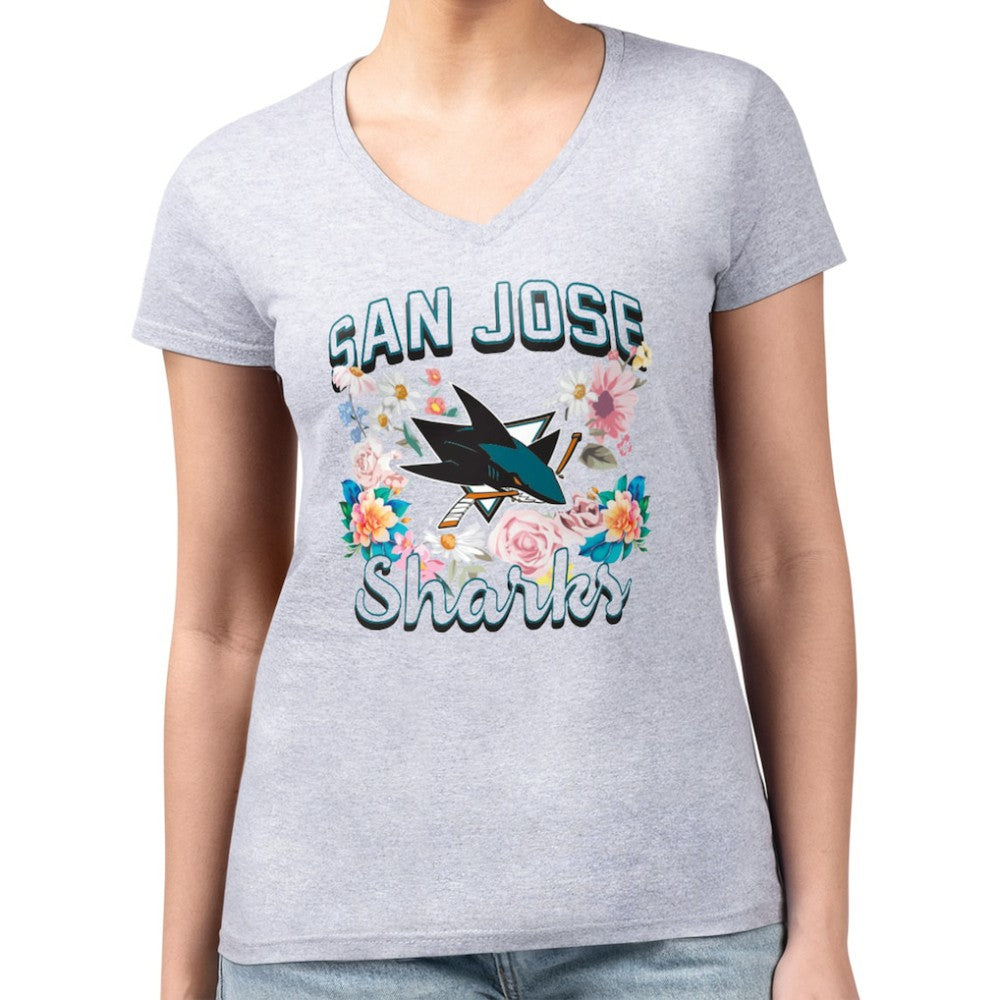 NHL San Jose Sharks G-III 4Her by Carl Banks Women's Super-Slim Fit Lightweight Flower Logo V-Neck T-Shirt - Heather Gray