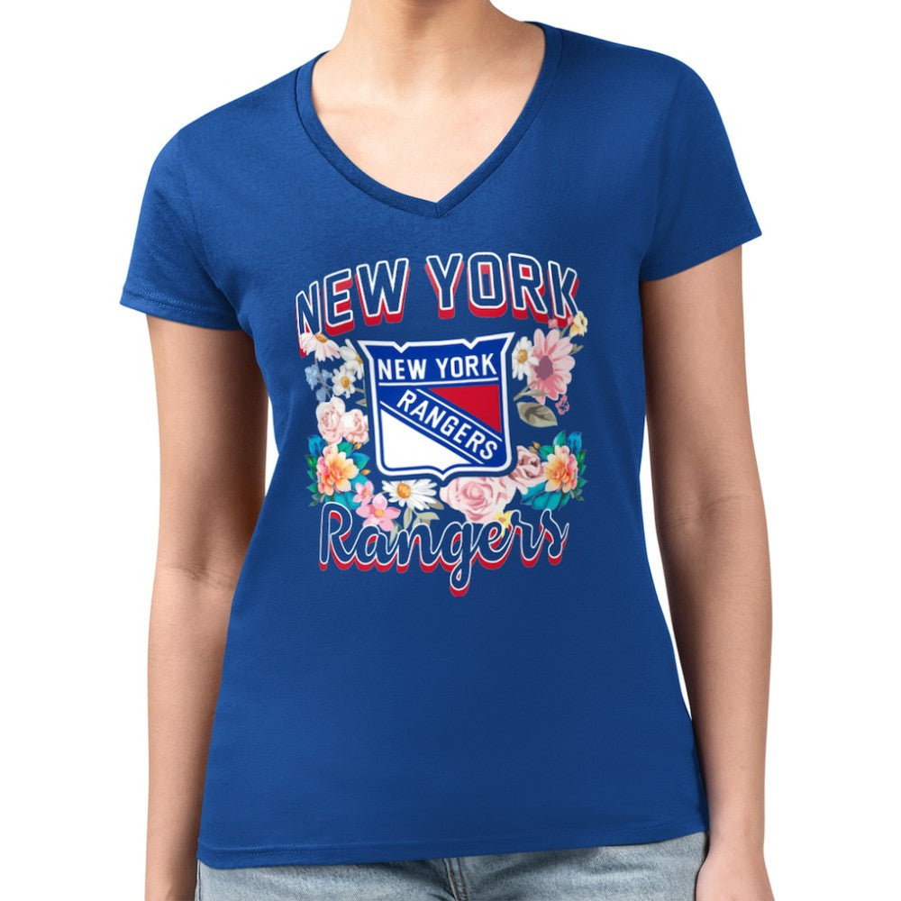 NHL New York Rangers G-III 4Her by Carl Banks Women's Super-Slim Fit Lightweight Flower Logo V-Neck T-Shirt - Blue