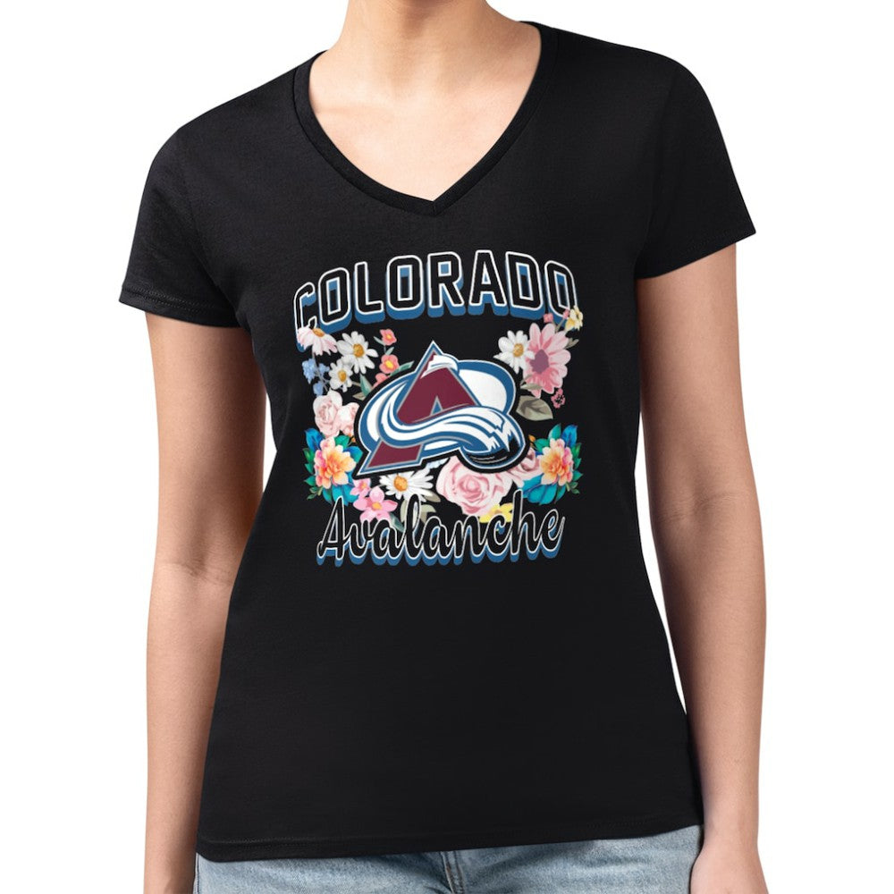 NHL Colorado Avalanche G-III 4Her by Carl Banks Women's Super-Slim Fit Lightweight Flower Logo V-Neck T-Shirt - Black