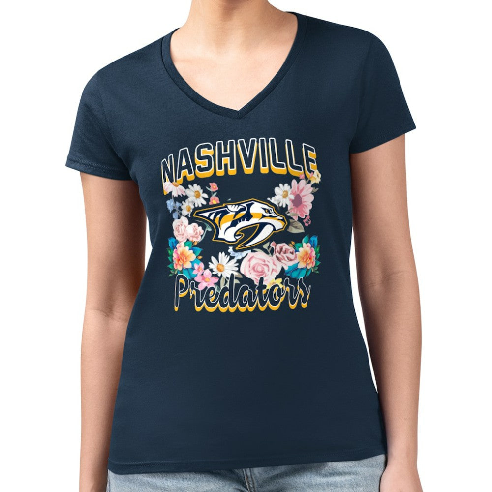 NHL Nashville Predators G-III 4Her by Carl Banks Women's Super-Slim Fit Lightweight Flower Logo V-Neck T-Shirt - Navy