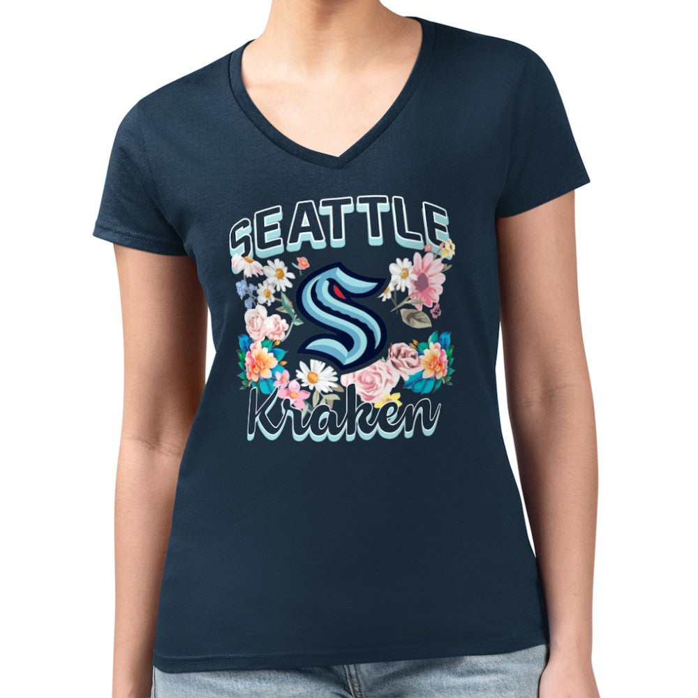 NHL Seattle Kraken G-III 4Her by Carl Banks Women's Super-Slim Fit Lightweight Flower Logo V-Neck T-Shirt - Navy
