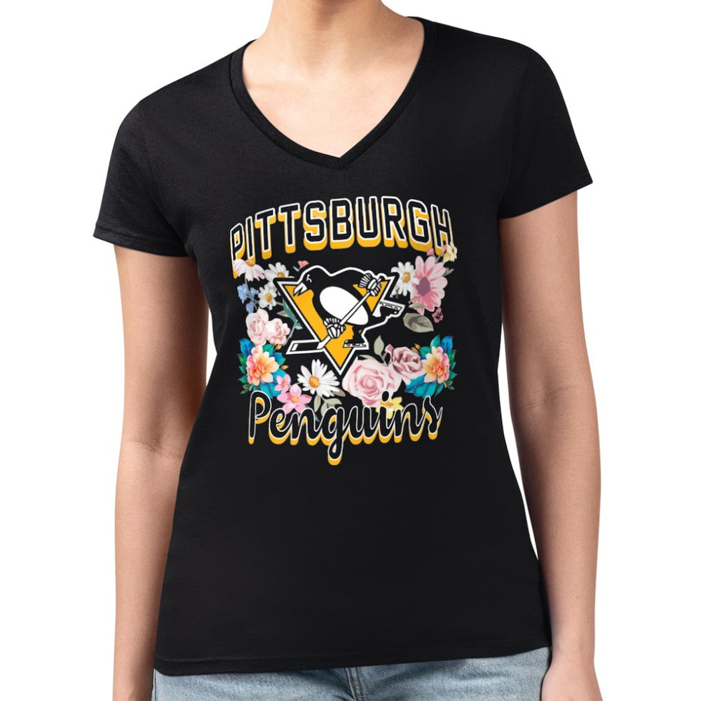 NHL Pittsburgh Penguins G-III 4Her by Carl Banks Women's Super-Slim Fit Lightweight Flower Logo V-Neck T-Shirt - Black