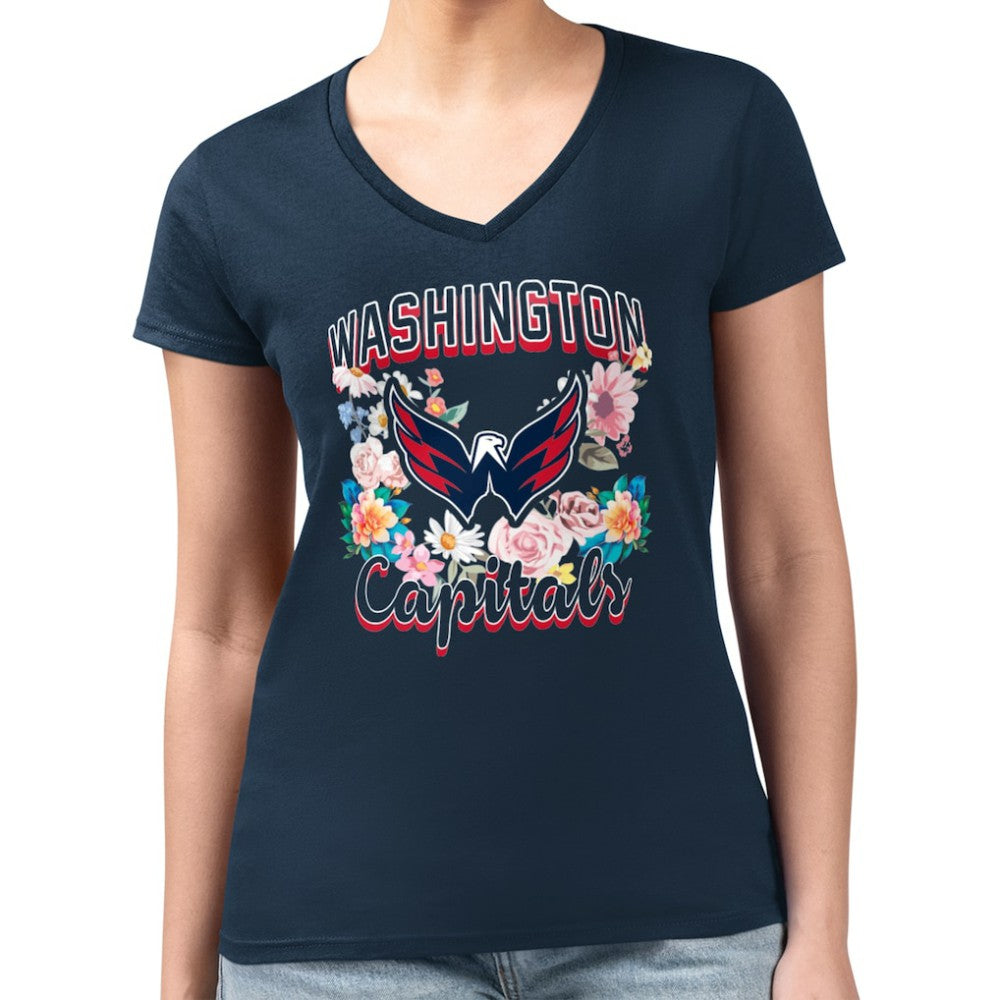 NHL Washington Capitals G-III 4Her by Carl Banks Women's Super-Slim Fit Lightweight Flower Logo V-Neck T-Shirt - Navy