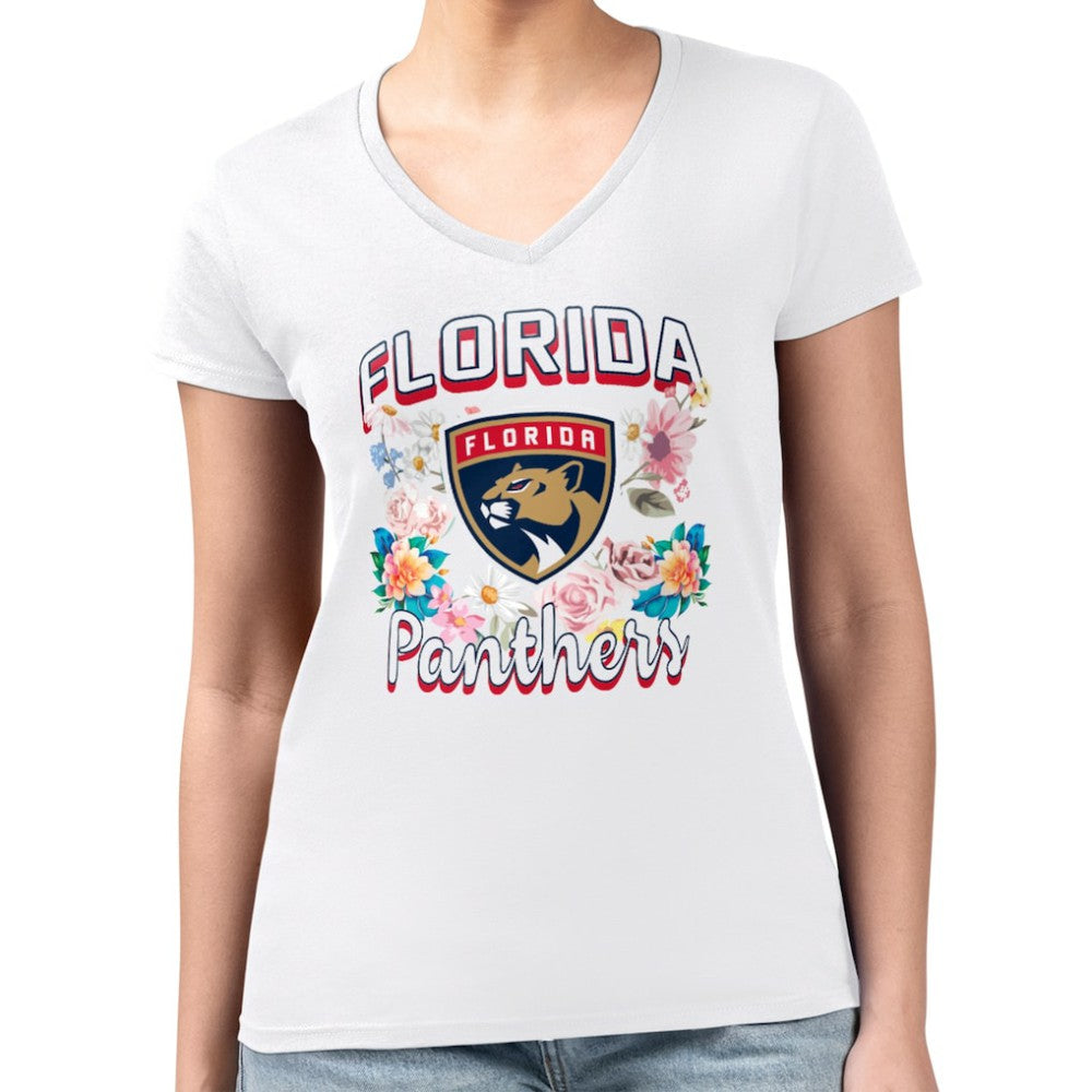 NHL Florida Panthers G-III 4Her by Carl Banks Women's Super-Slim Fit Lightweight Flower Logo V-Neck T-Shirt - White