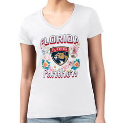 NHL Florida Panthers G-III 4Her by Carl Banks Women's Super-Slim Fit Lightweight Flower Logo V-Neck T-Shirt - White
