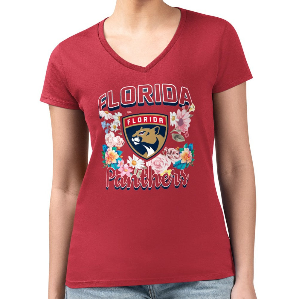 NHL Florida Panthers G-III 4Her by Carl Banks Women's Super-Slim Fit Lightweight Flower Logo V-Neck T-Shirt - Red