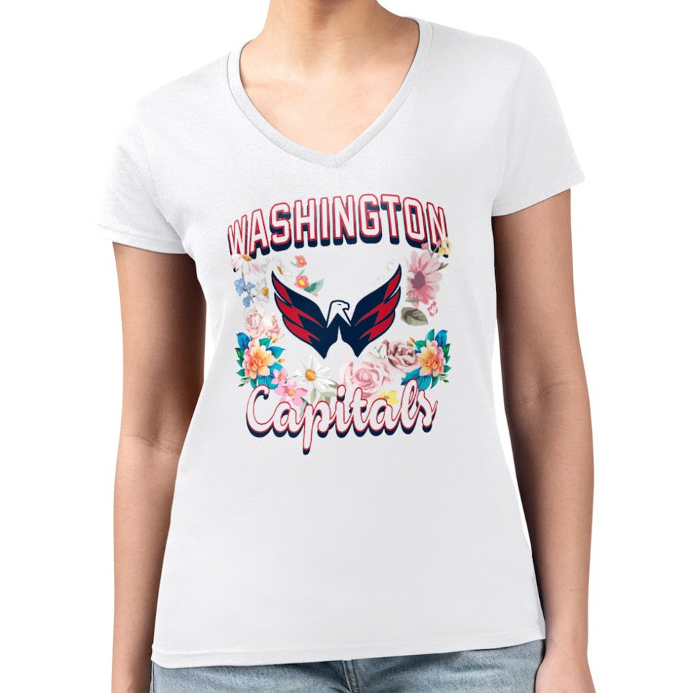NHL Washington Capitals G-III 4Her by Carl Banks Women's Super-Slim Fit Lightweight Flower Logo V-Neck T-Shirt - White
