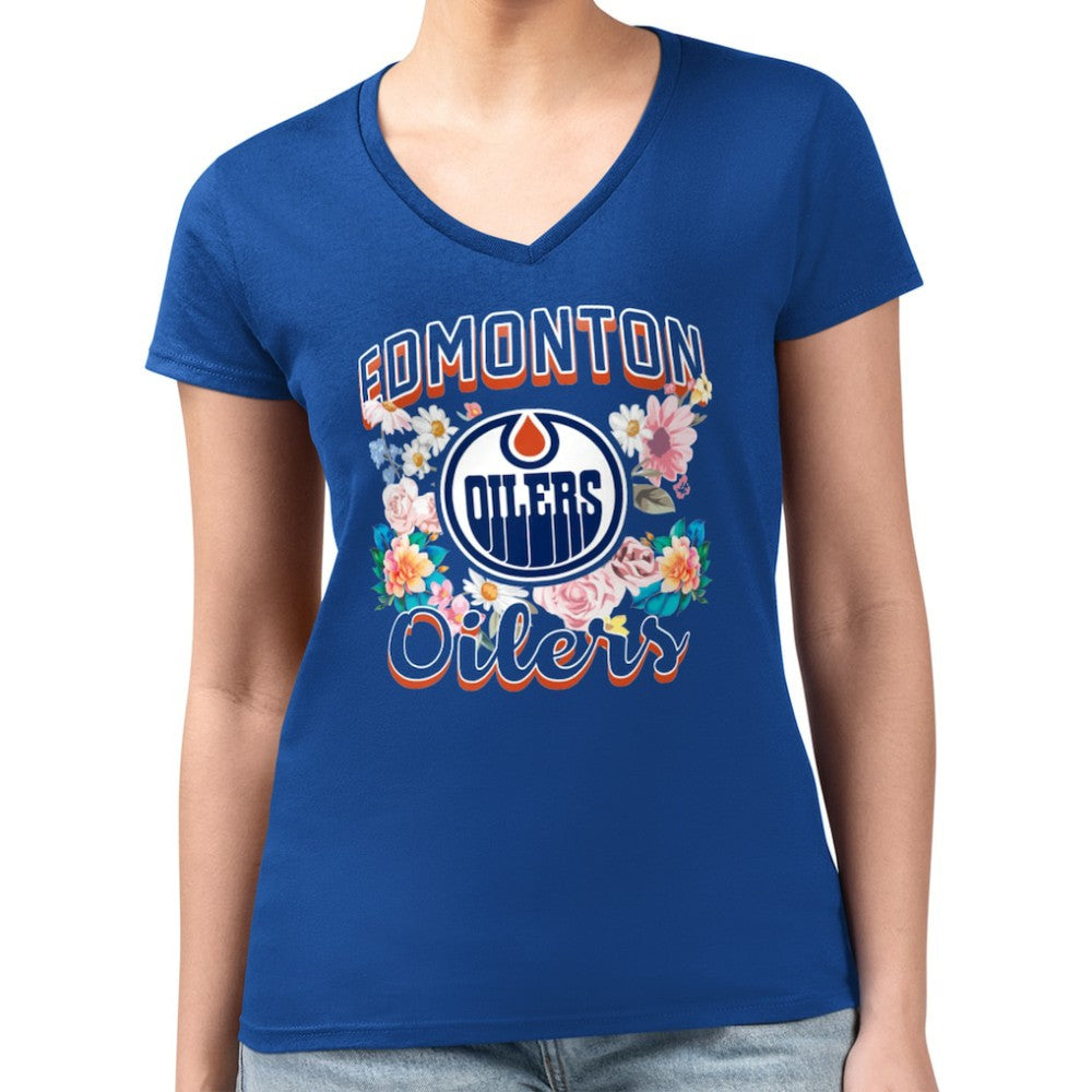 NHL Edmonton Oilers G-III 4Her by Carl Banks Women's Super-Slim Fit Lightweight Flower Logo V-Neck T-Shirt - Royal